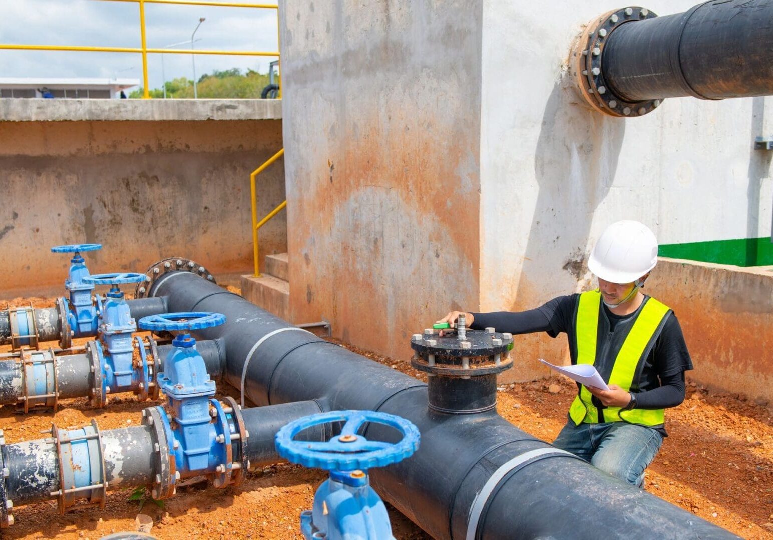Worker in a hard hat and safety vest inspects large black industrial pipes and valves outdoors, holding documents and making notes.