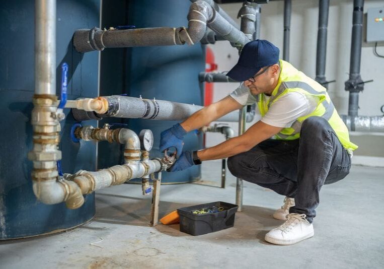 A worker in a safety vest and gloves adjusts pipes and valves in an industrial setting, with a toolbox on the floor beside him.